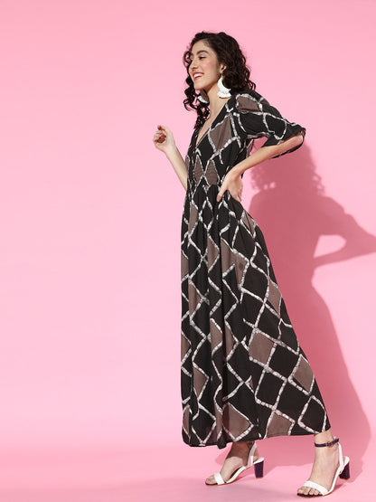 SCORPIUS Brown Printed front slit long Dress