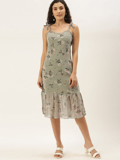 Gorgeous Green Grey Floral Waisted Dress