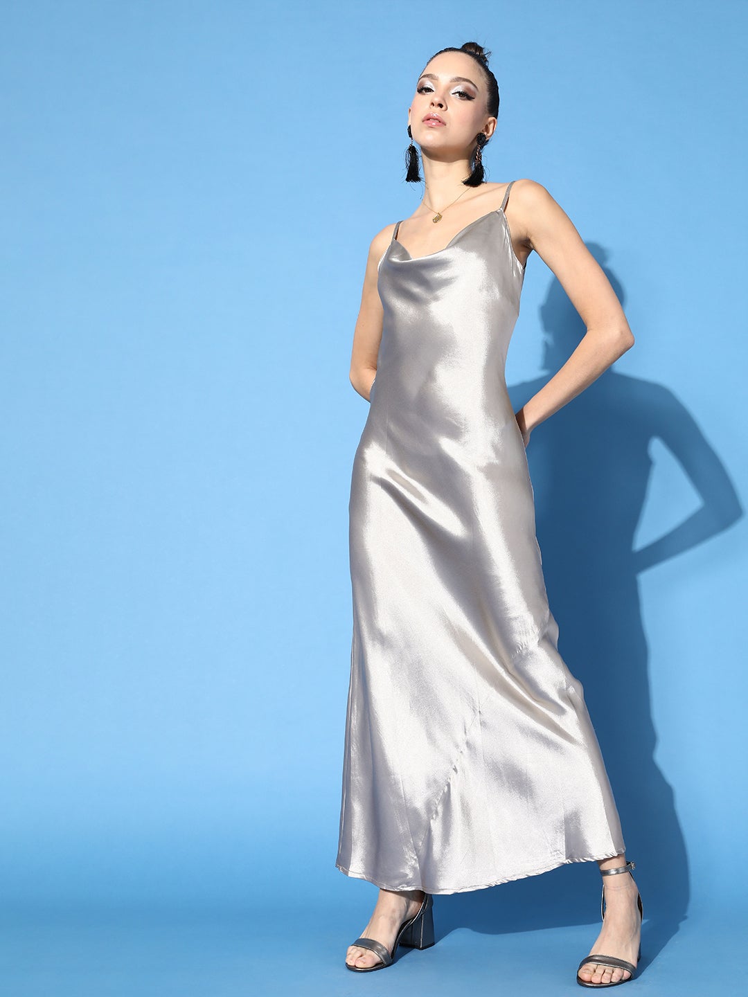 Stylish Long Solid Grey Satin Dress