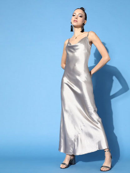Stylish Long Solid Grey Satin Dress