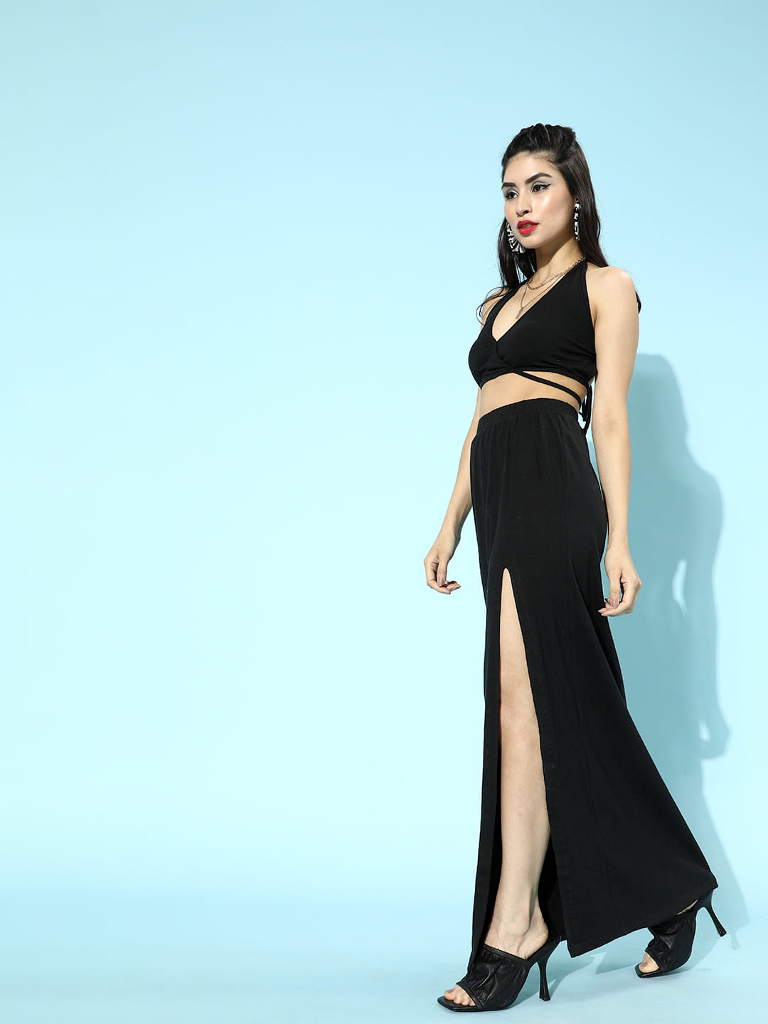 SCORPIUS Black Backless Coord Set with a slit Skirt