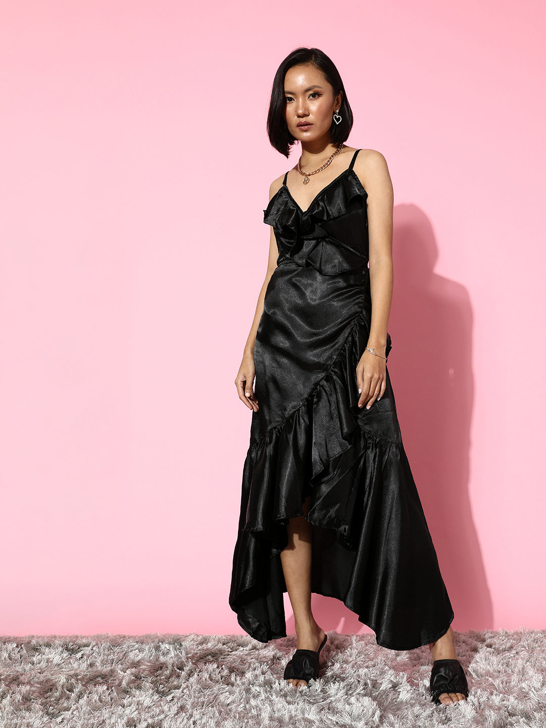 SCORPIUS Satin Solid Black Maxi Dress