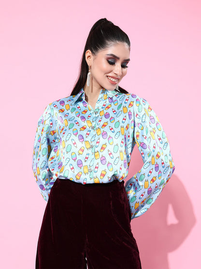SCORPIUS Blue printed Satin shirt