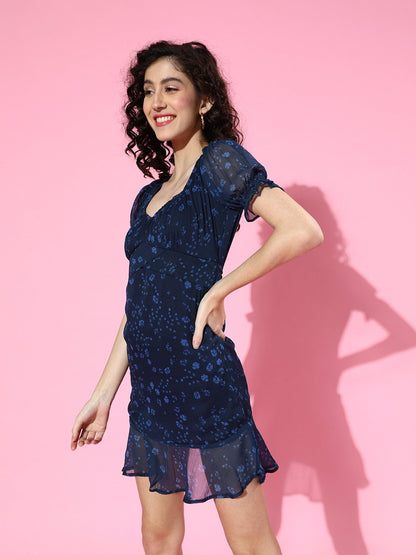 SCORPIUS Blue Printed Sweetheart Neck mini Dress