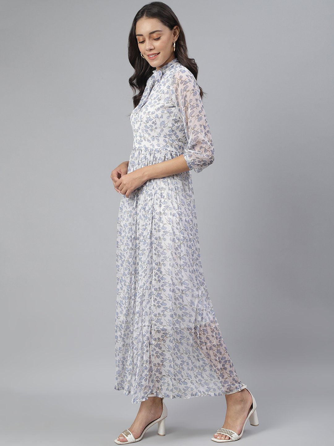 SCORPIUS Floral Tie-Up Neck Chiffon Maxi Dress