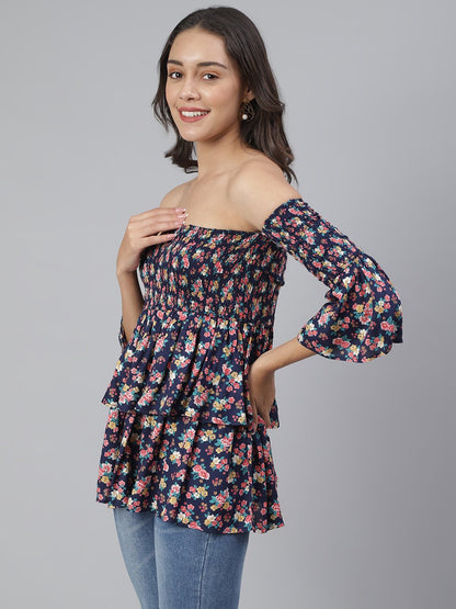 SCORPIUS Purple Printed Smocked Offshoulder Top