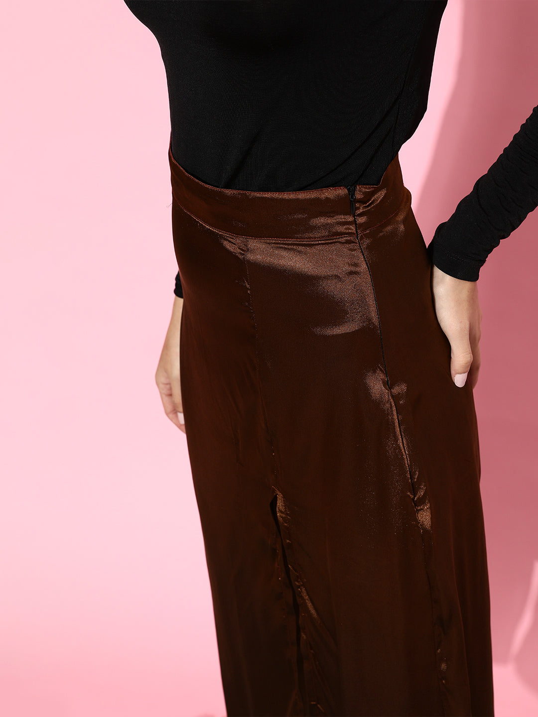 Scorpius Chic Brown Solid Satin Skirt