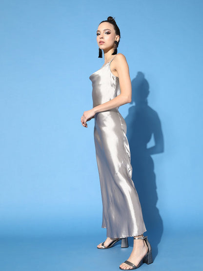 Stylish Long Solid Grey Satin Dress