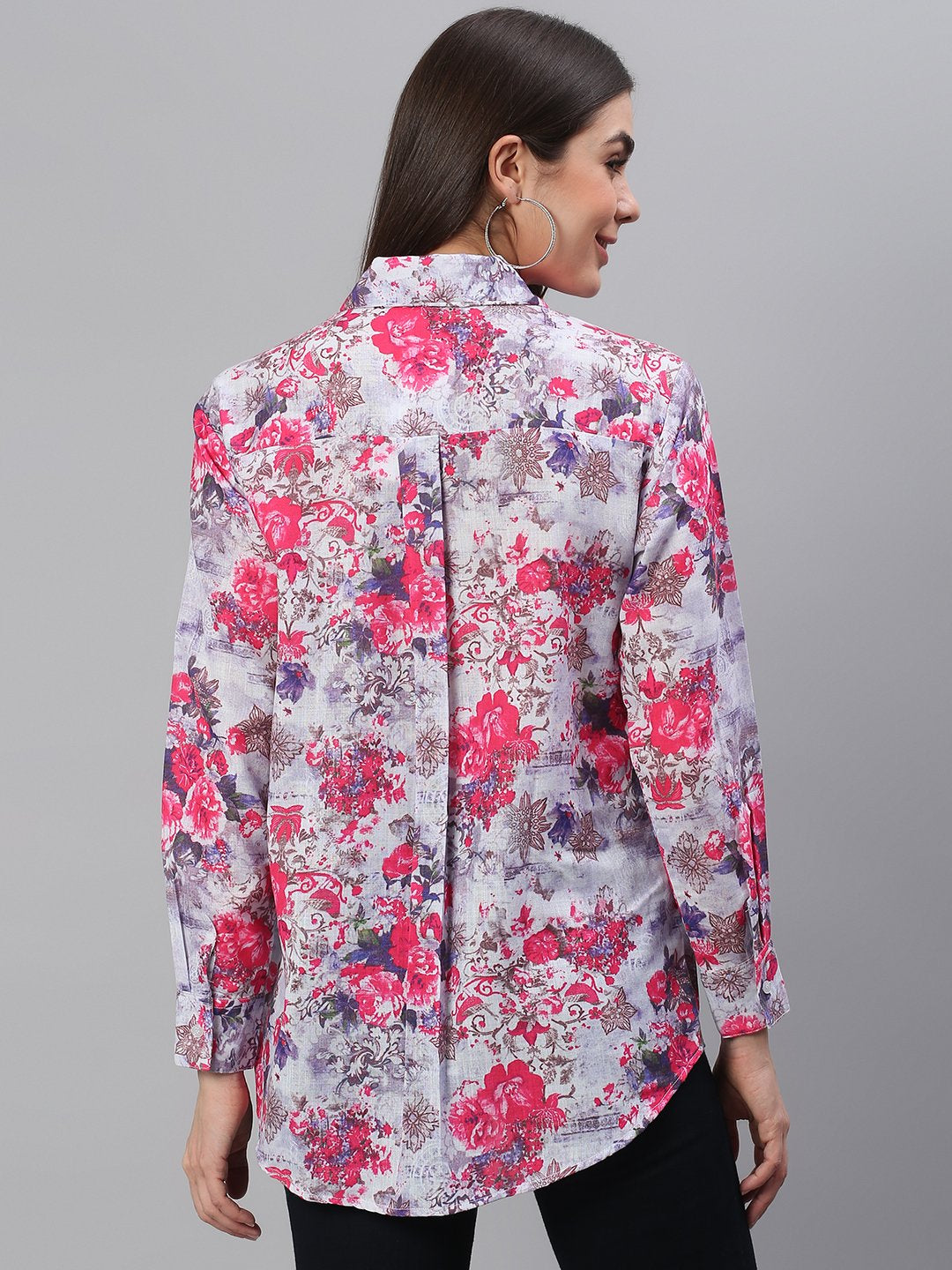 White Pink Floral Print Shirt