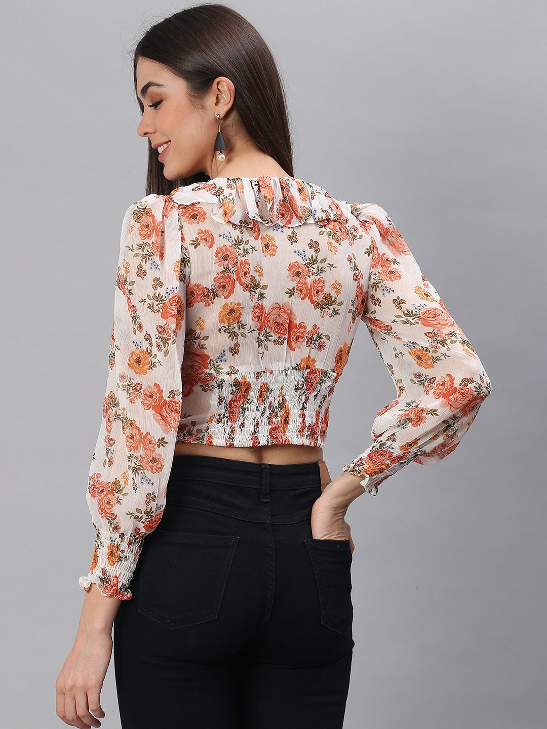 White Orange Floral Top