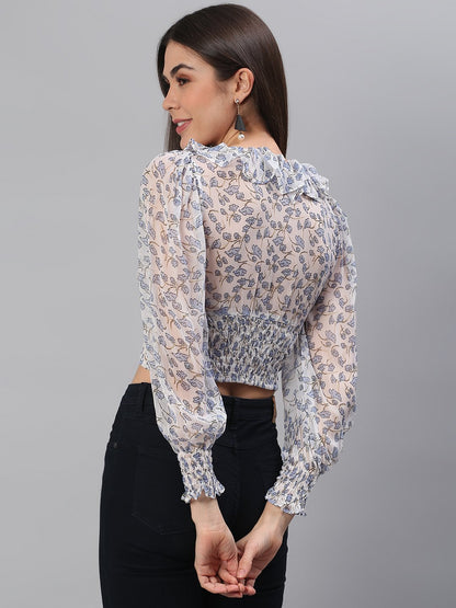 White Blue Printed Top