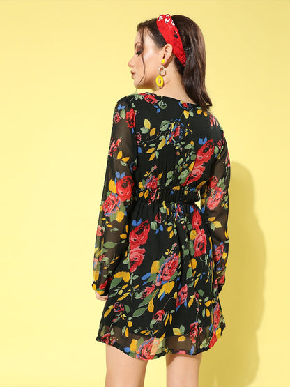 SCORPIUS Black Printed Waisted mini Dress
