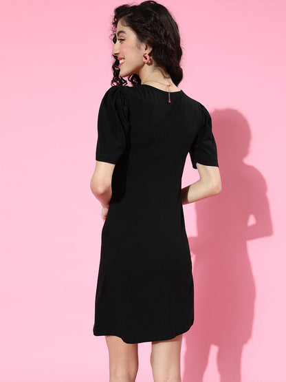 SCORPIUS Black solid Sweetheart Neck front slit mini Dress