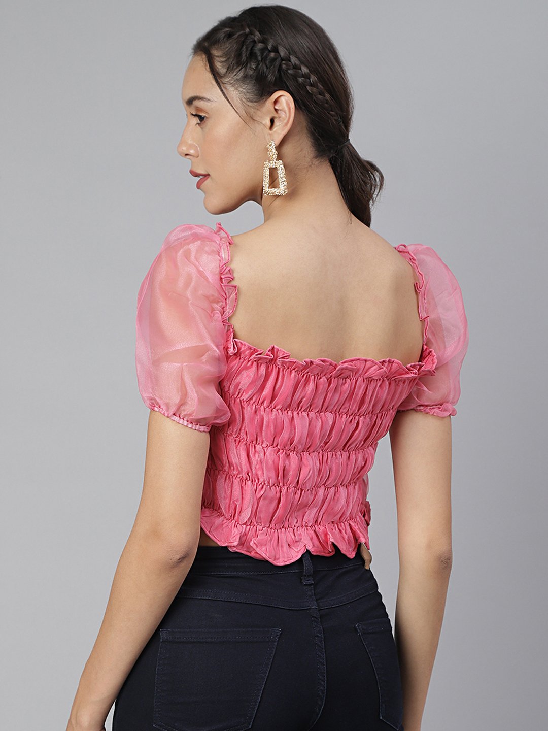 SCORPIUS Pink Organza Ruched Crop top