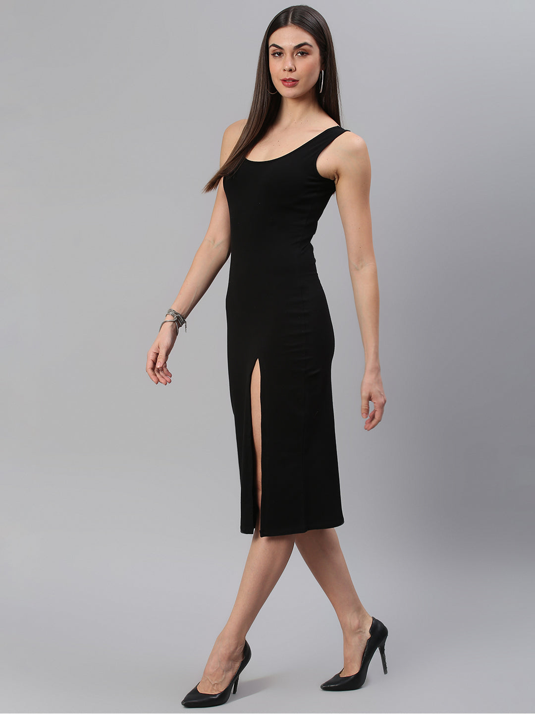 Front Slit Solid Black Dress