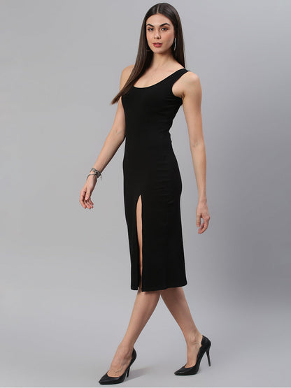 Front Slit Solid Black Dress