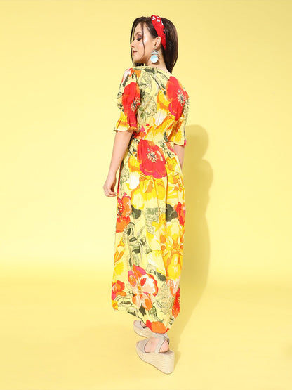SCORPIUS Yellow Printed front slit long Dress