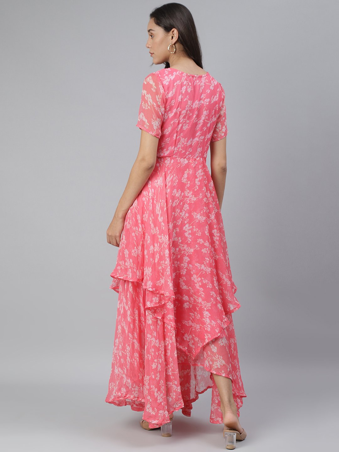 SCORPIUS Pink Flared Printed maxi Dress