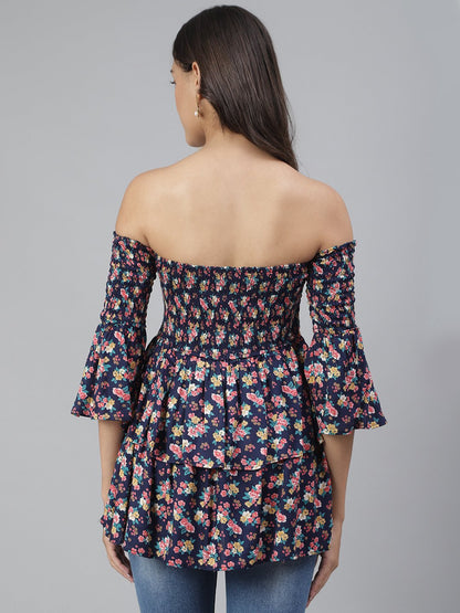SCORPIUS Purple Printed Smocked Offshoulder Top
