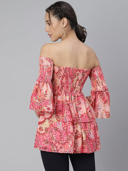 SCORPIUS Pink printed offshoulder frill sleeve top