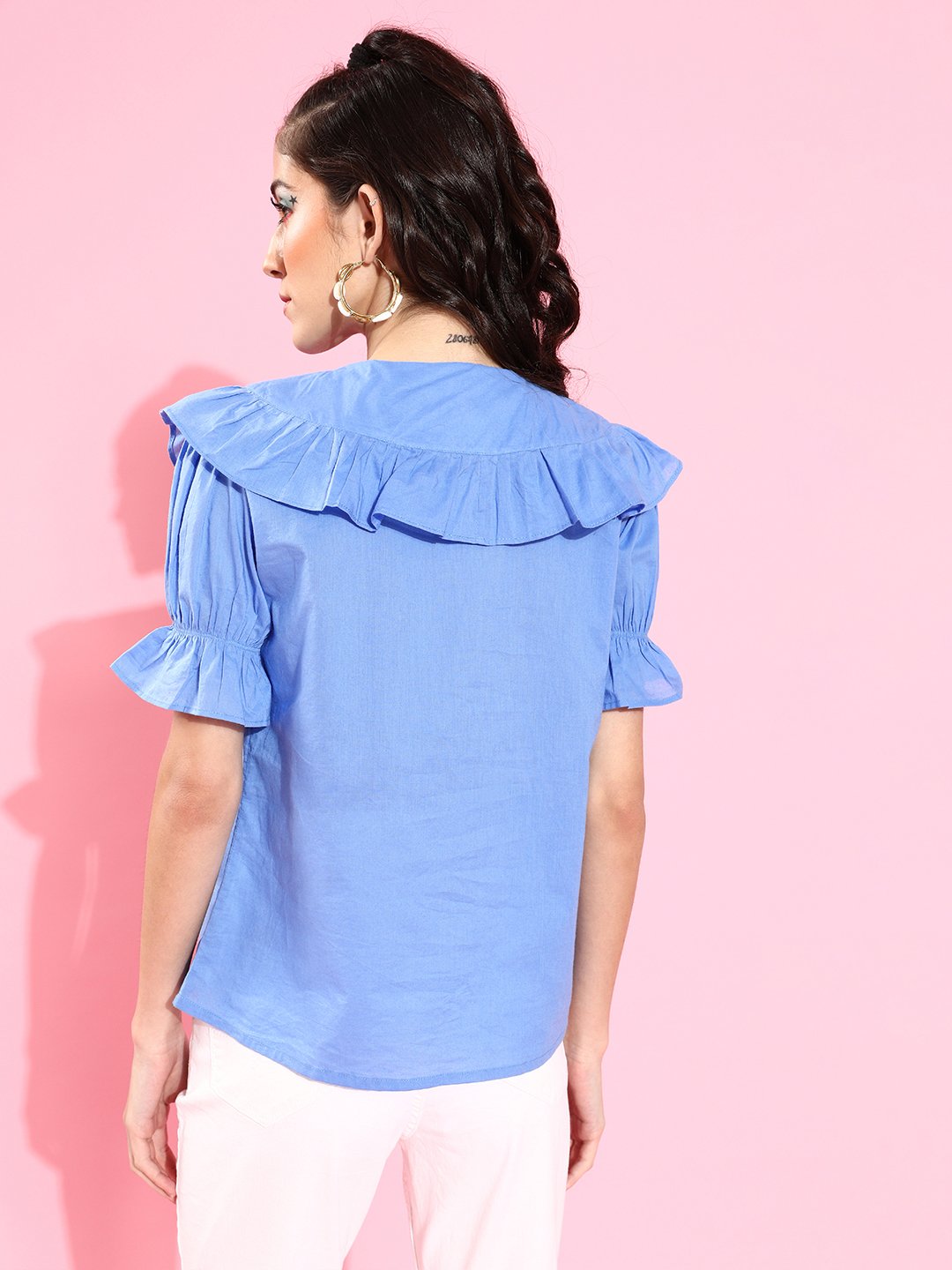 Blue Cotton Tie-Up Neck Ruffles Top