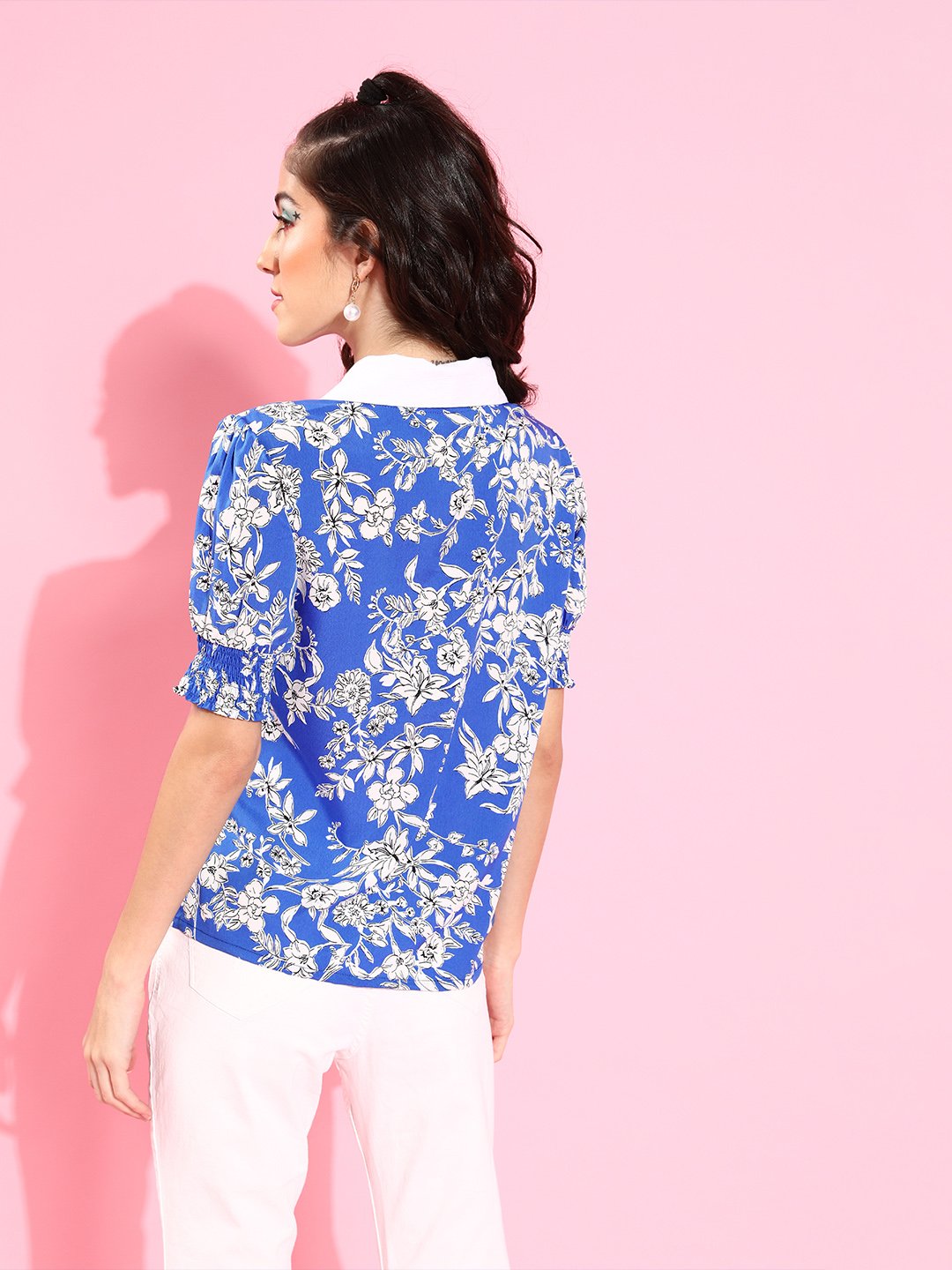 Stunning Blue Above the Keyboard Collar Floral Shirt