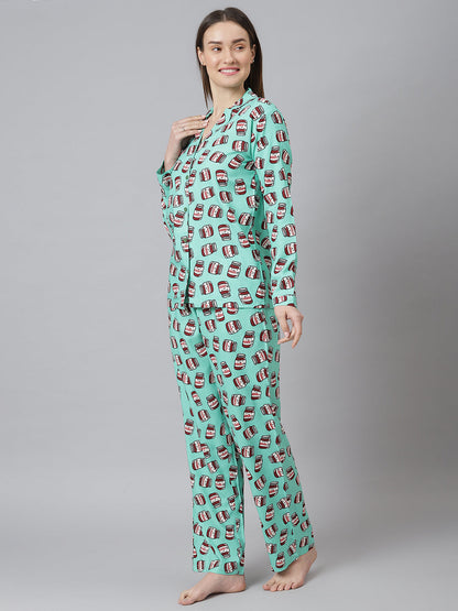 Cation Green Printed Night Suit