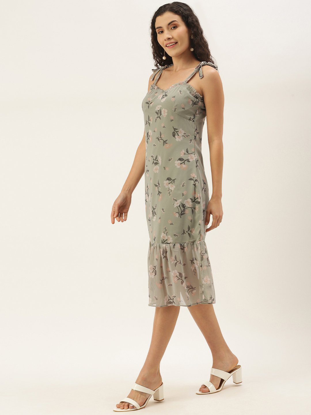 Gorgeous Green Grey Floral Waisted Dress