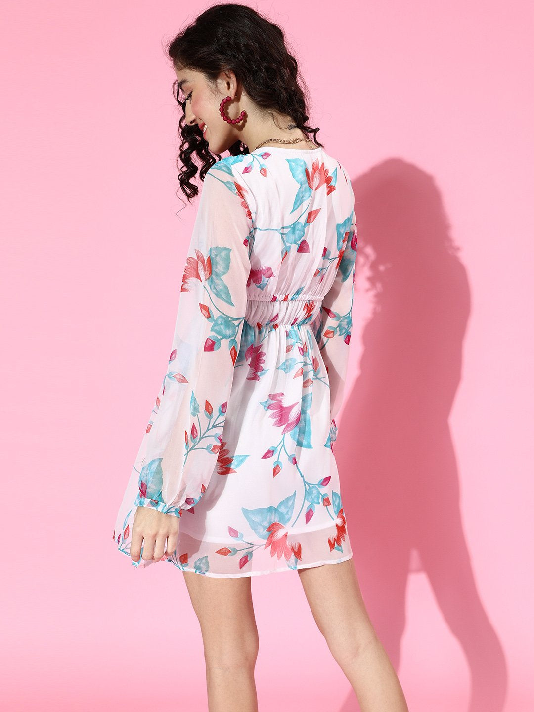 SCORPIUS White Georgette Floral Print Waisted mini Dress