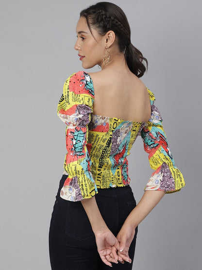 SCORPIUS Yellow Printed smocked croptop
