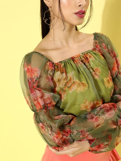 SCORPIUS Olive Floral Organza Top