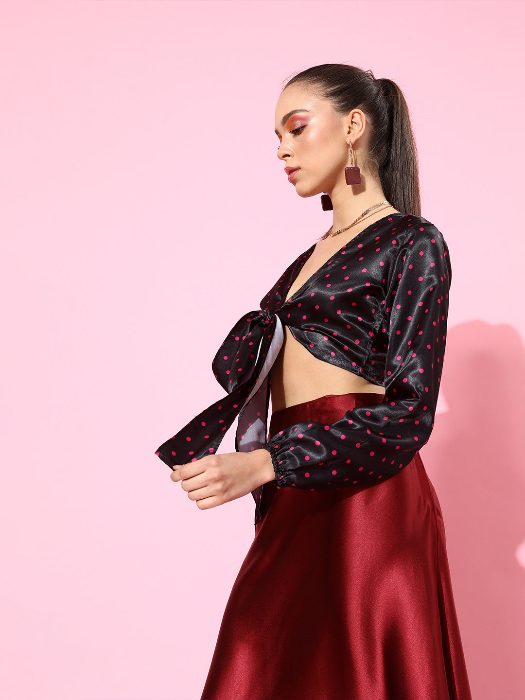 SCORPIUS Black-Pink Polka Satin Top