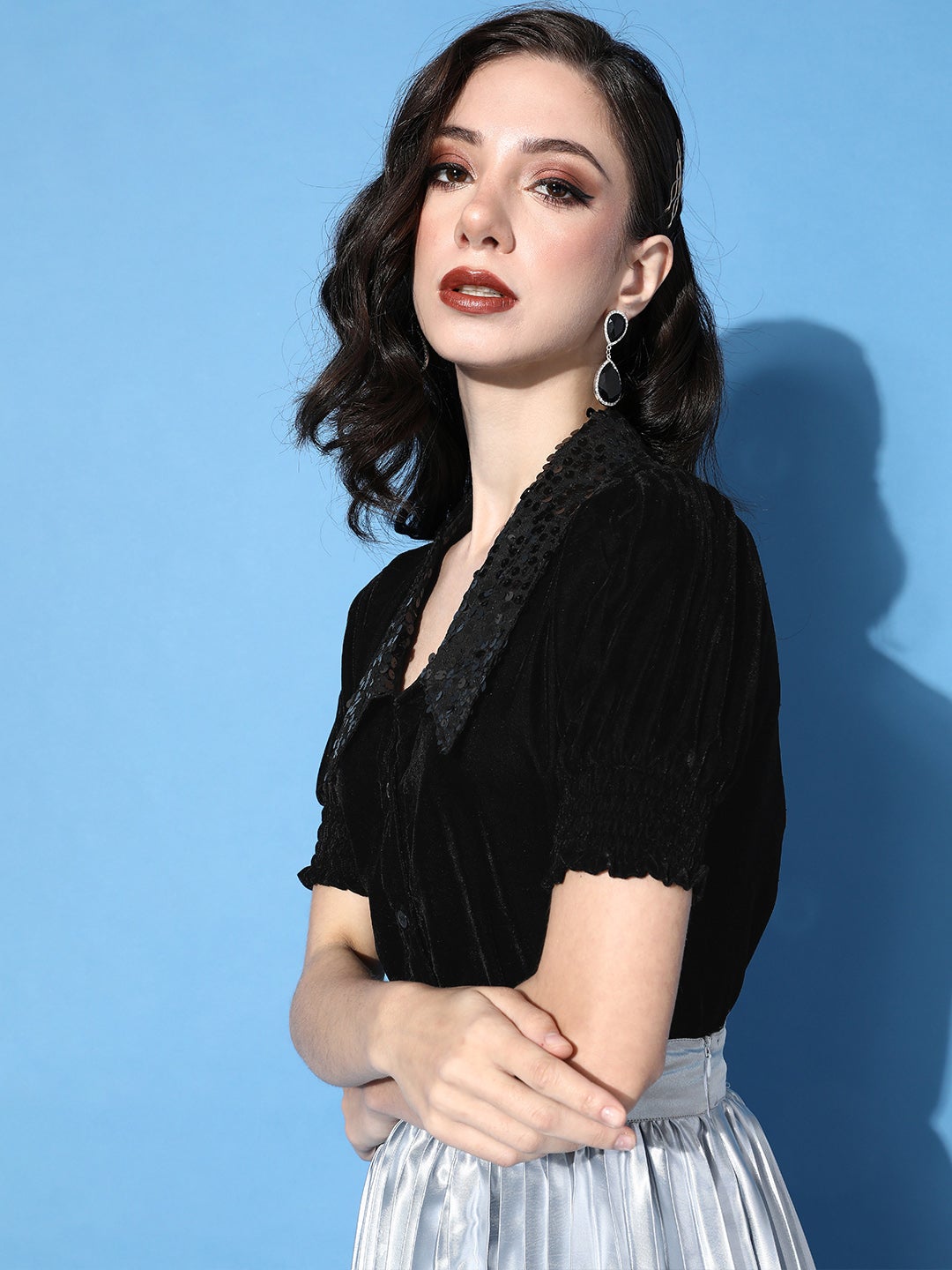 Classic Black Above the Keyboard Collar Velvet Shirt