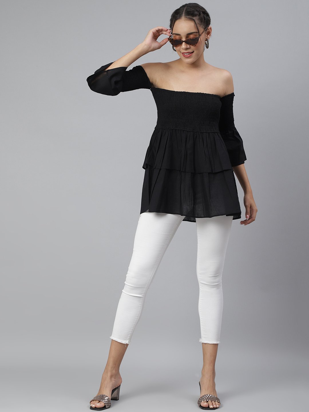 SCORPIUS Black Smocked Offshoulder Top