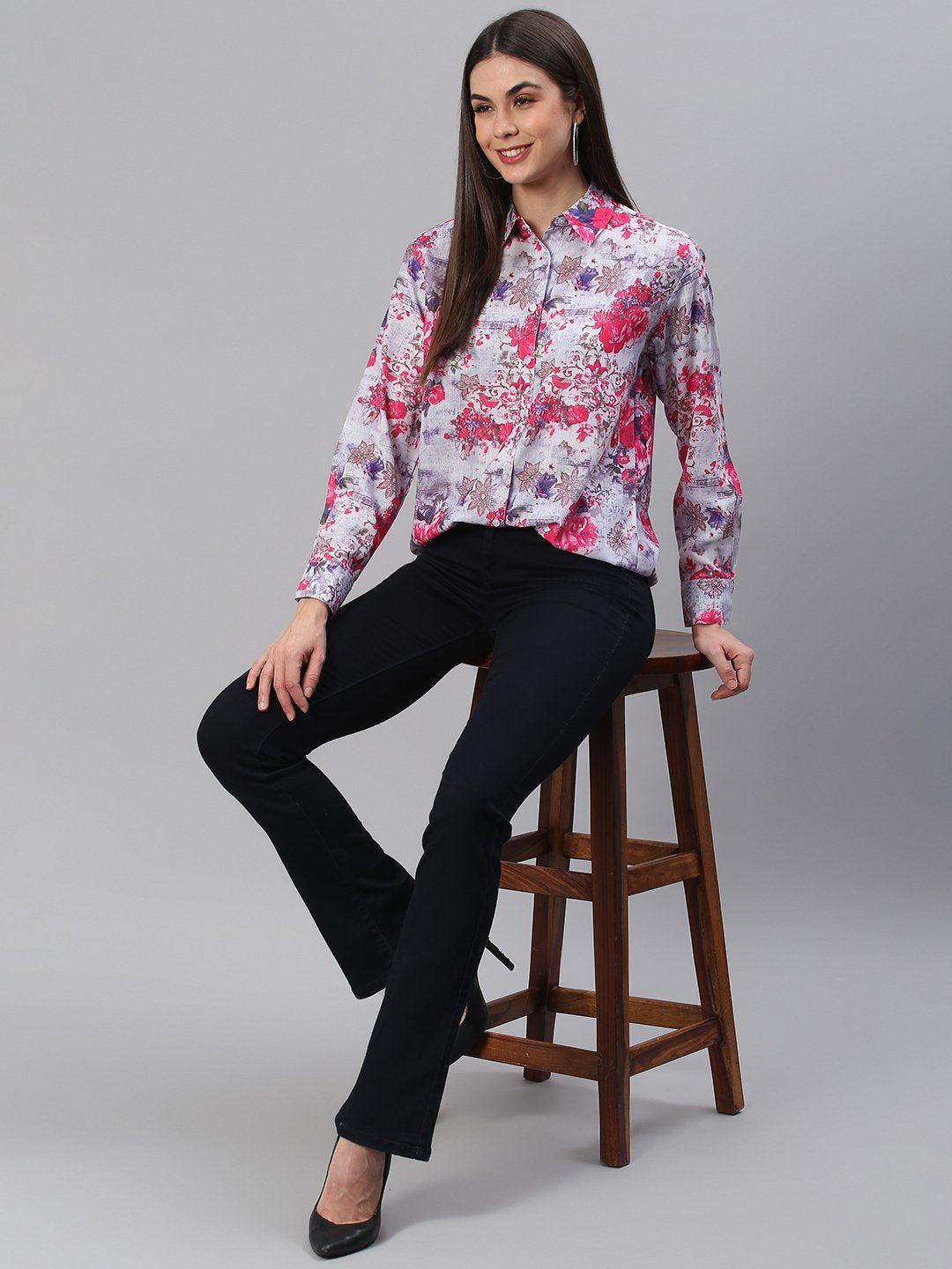 White Pink Floral Print Shirt