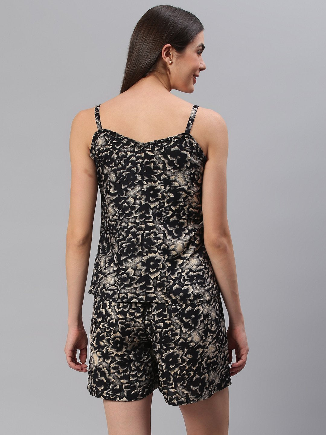 Cation Black Floral Strap Night Suit