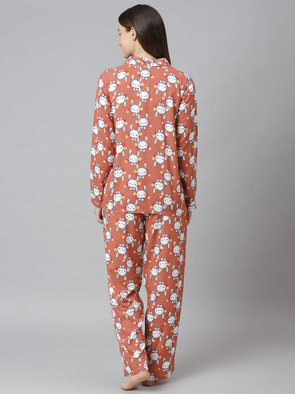 Cation Brown Printed Night Suit