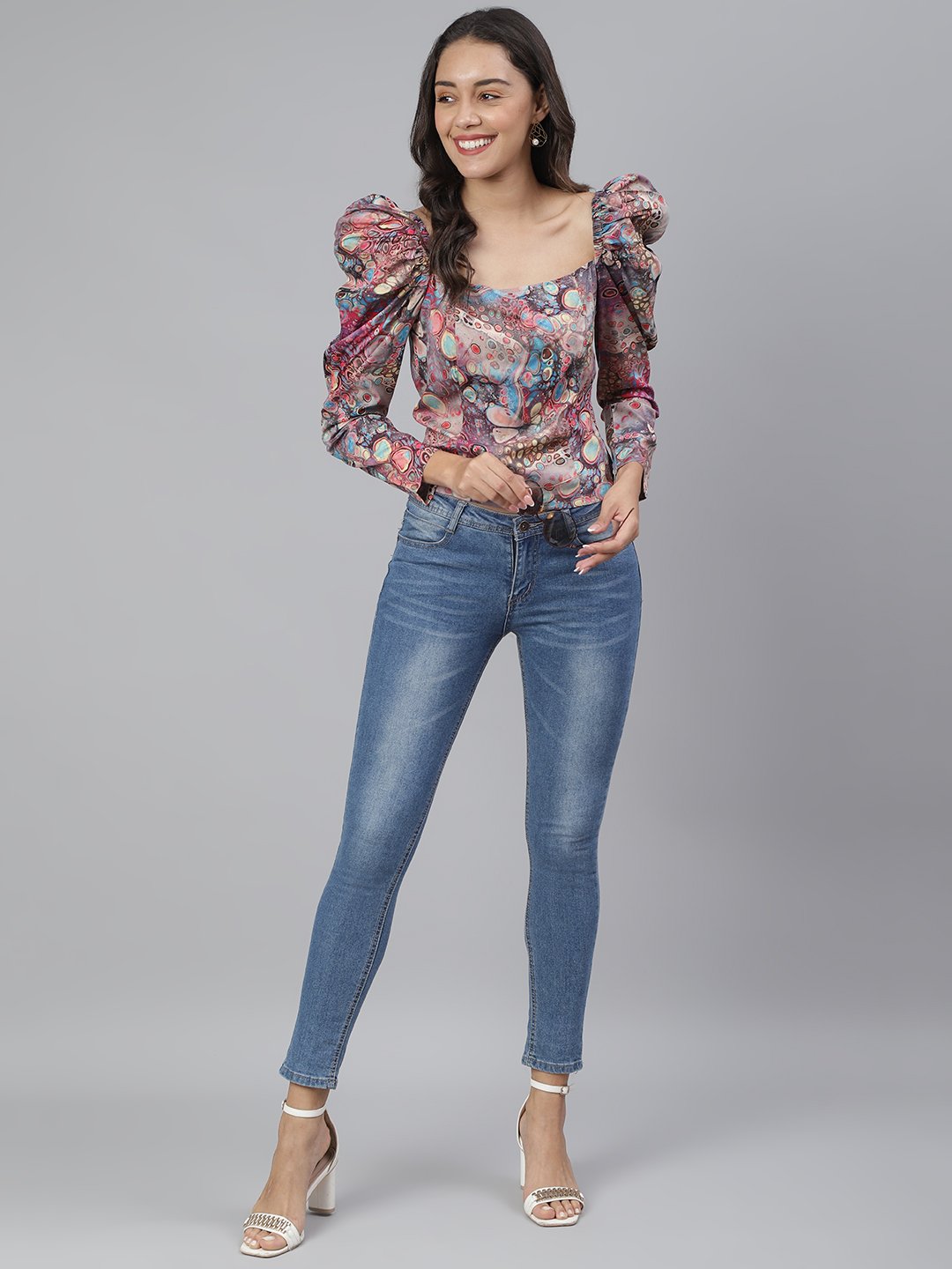 SCORPIUS Multi Printed Puff sleeve top