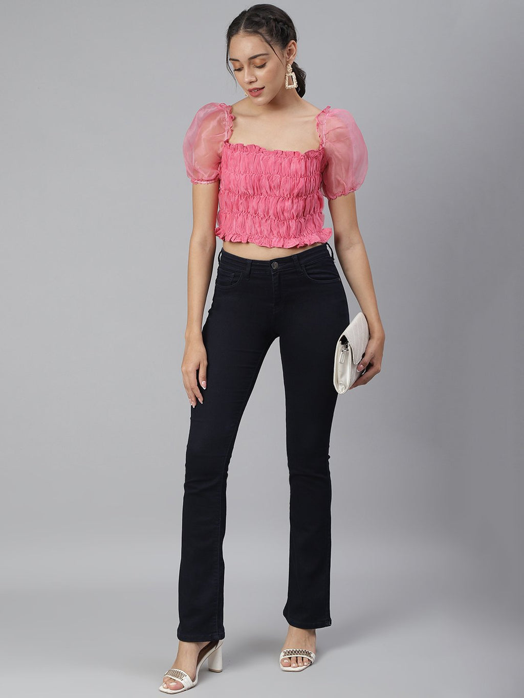 SCORPIUS Pink Organza Ruched Crop top