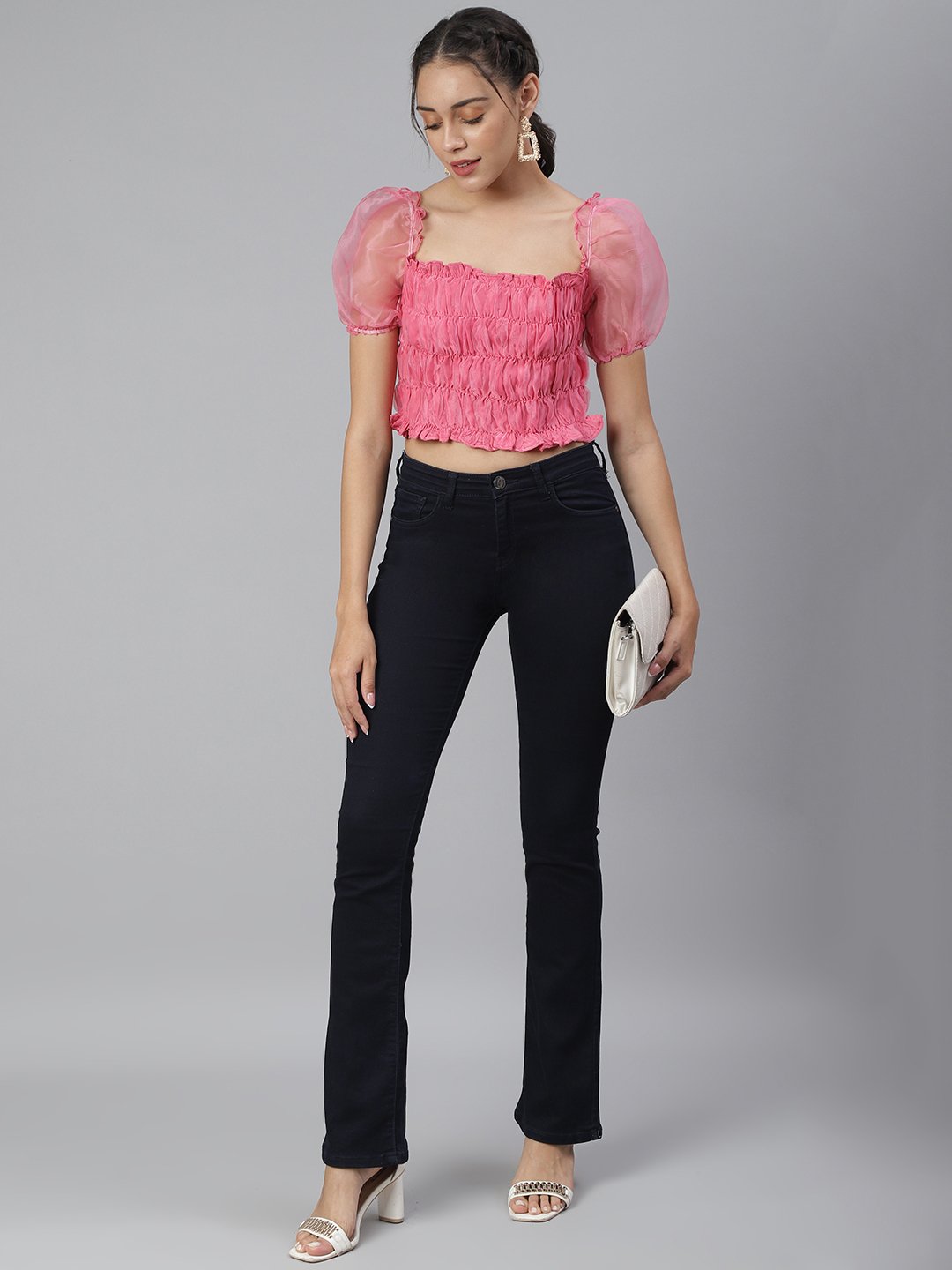 SCORPIUS Pink Organza Ruched Crop top