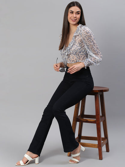 White Blue Printed Top