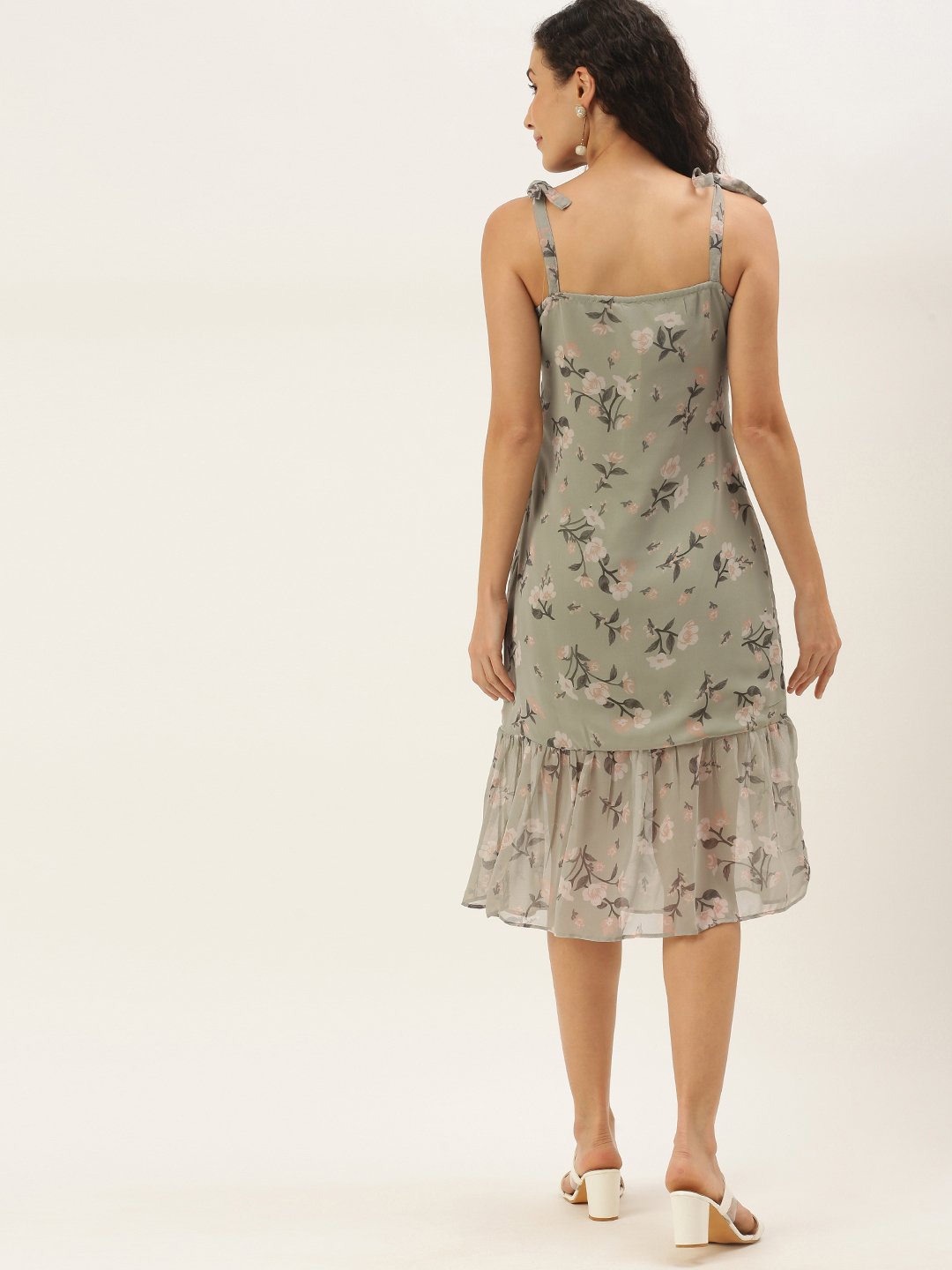 Gorgeous Green Grey Floral Waisted Dress