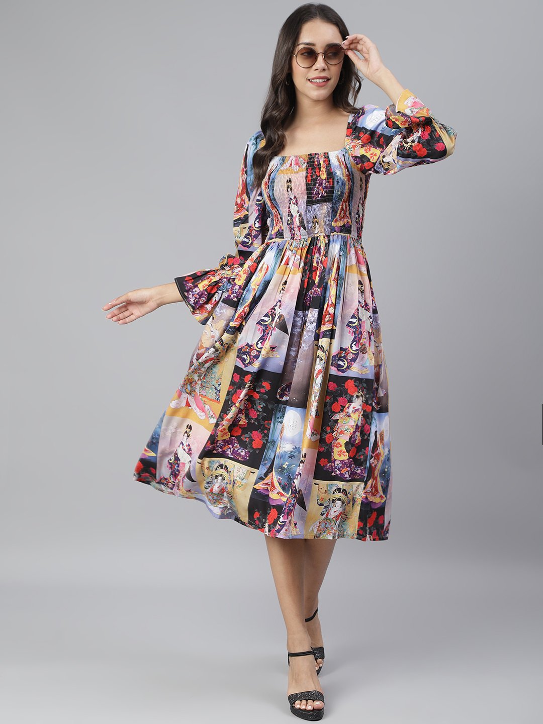 SCORPIUS Black Printed Smocked Dress