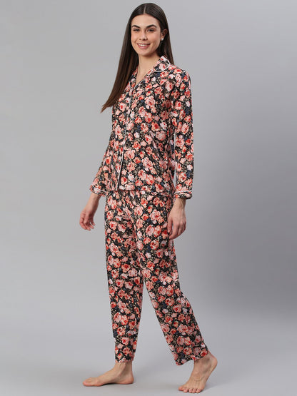 Cation Black Floral Night Suit