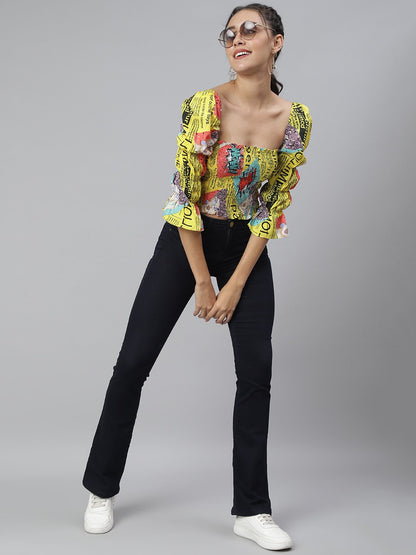 SCORPIUS Yellow Printed smocked croptop