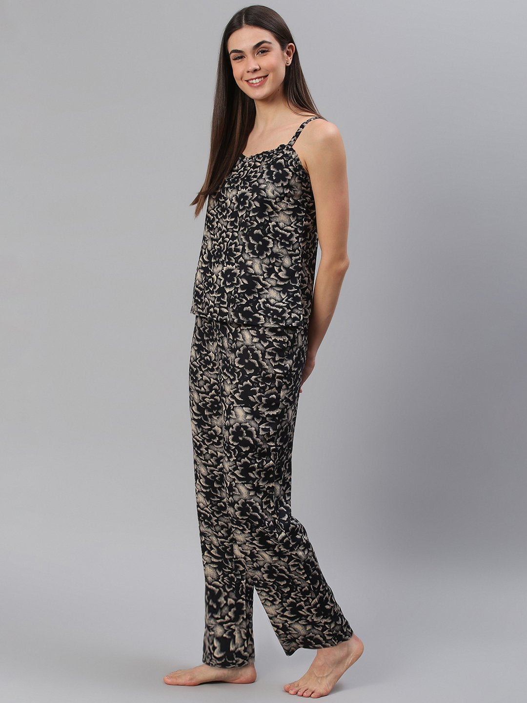 Cation Black Floral Strap Night Suit