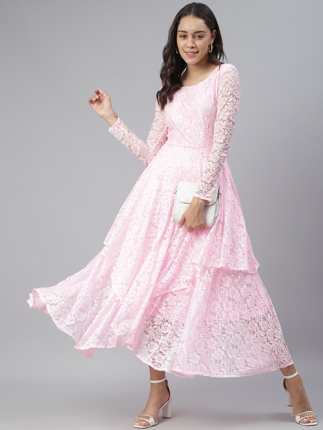SCORPIUS Pink Flared Printed maxi Dress