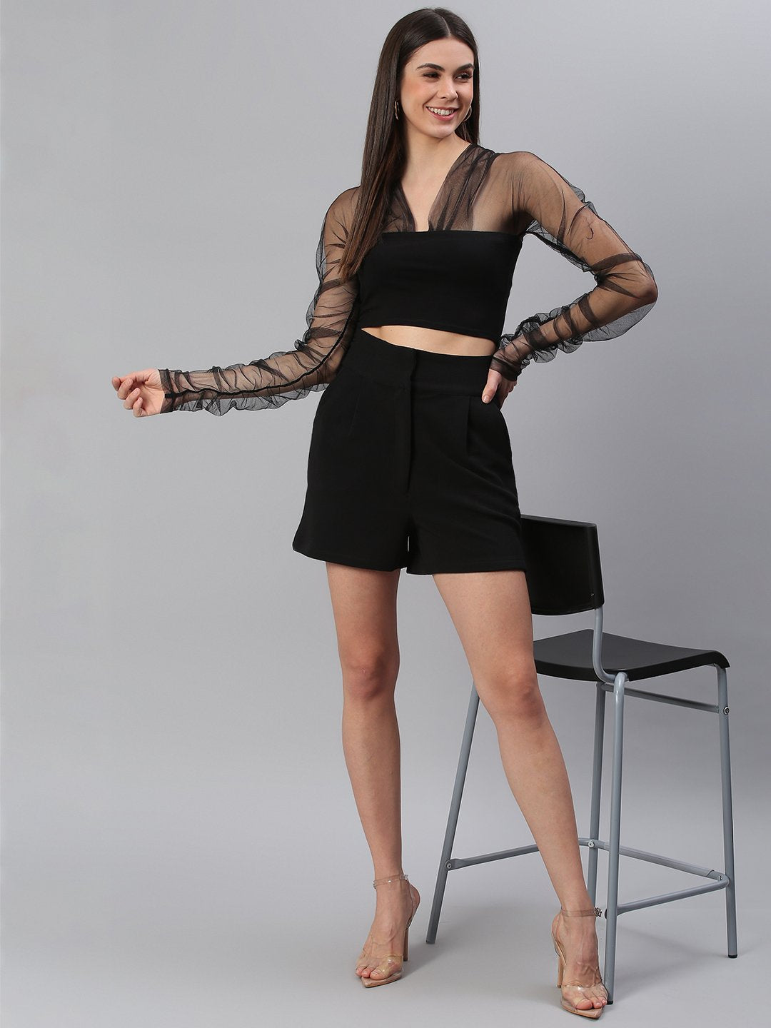 Black Solid Top with Net Sleeves