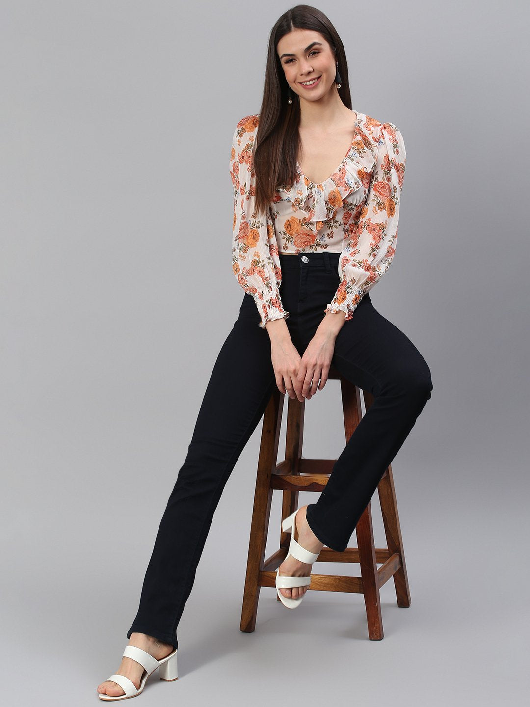 White Orange Floral Top
