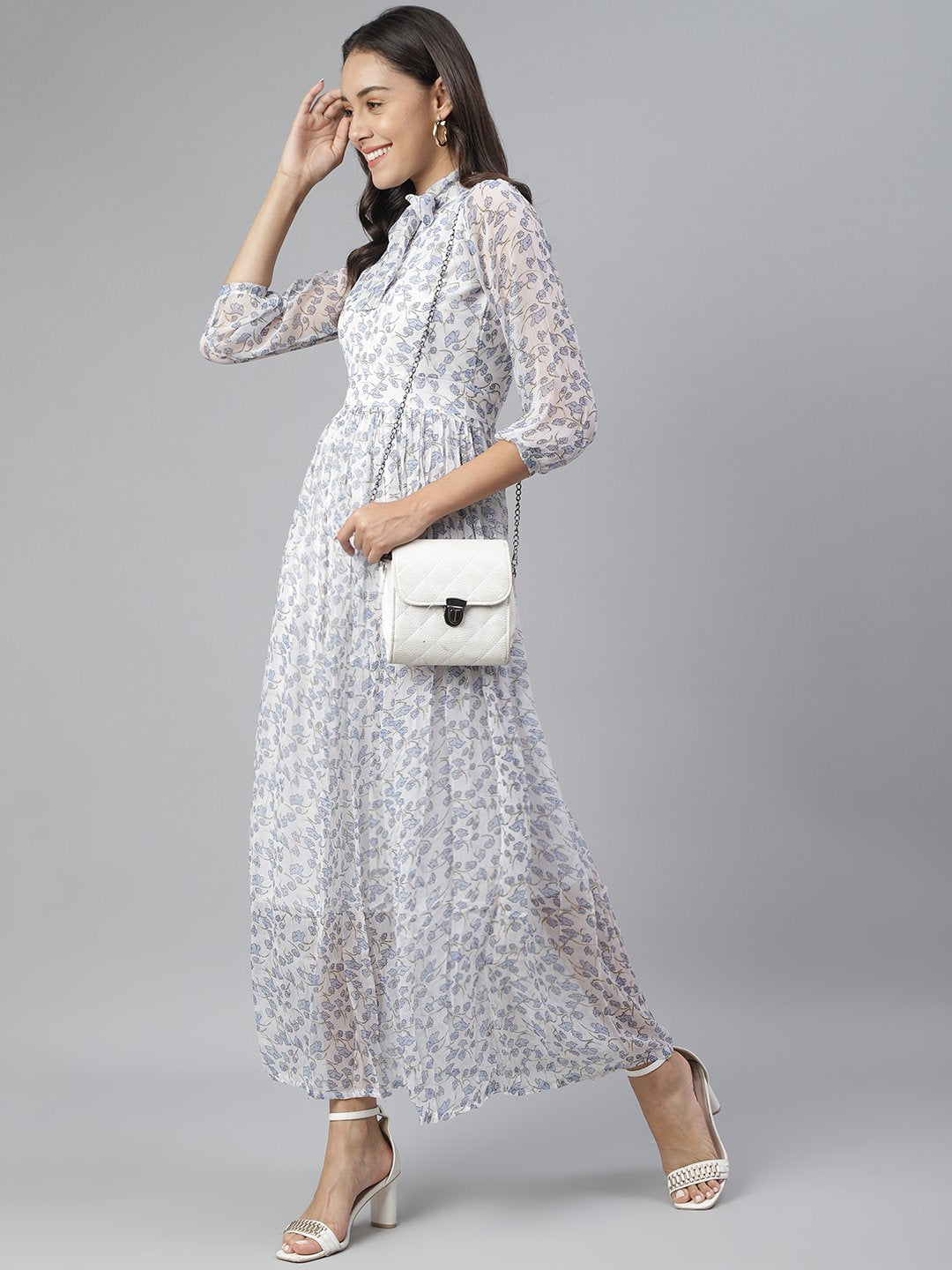 SCORPIUS Floral Tie-Up Neck Chiffon Maxi Dress